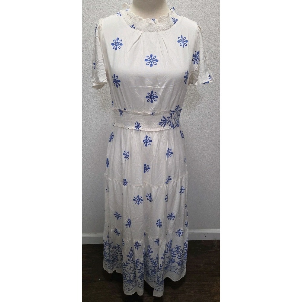 Kirundo Womens Floral Maxi Dress Size Medium Blue White Lined